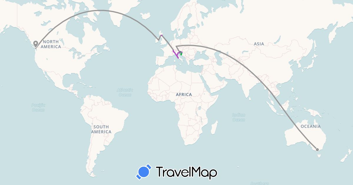 TravelMap itinerary: bus, plane, train in Australia, Canada, Switzerland, Germany, United Kingdom, Croatia, Ireland, Italy, Slovenia, Thailand (Asia, Europe, North America, Oceania)